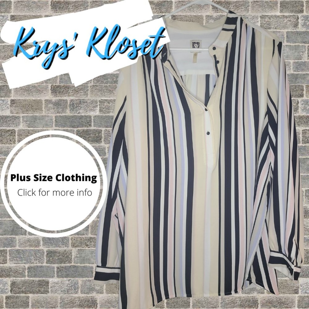 Anne Klein - Long Sleeved Striped Multicolored Button Down Blouse - 3x